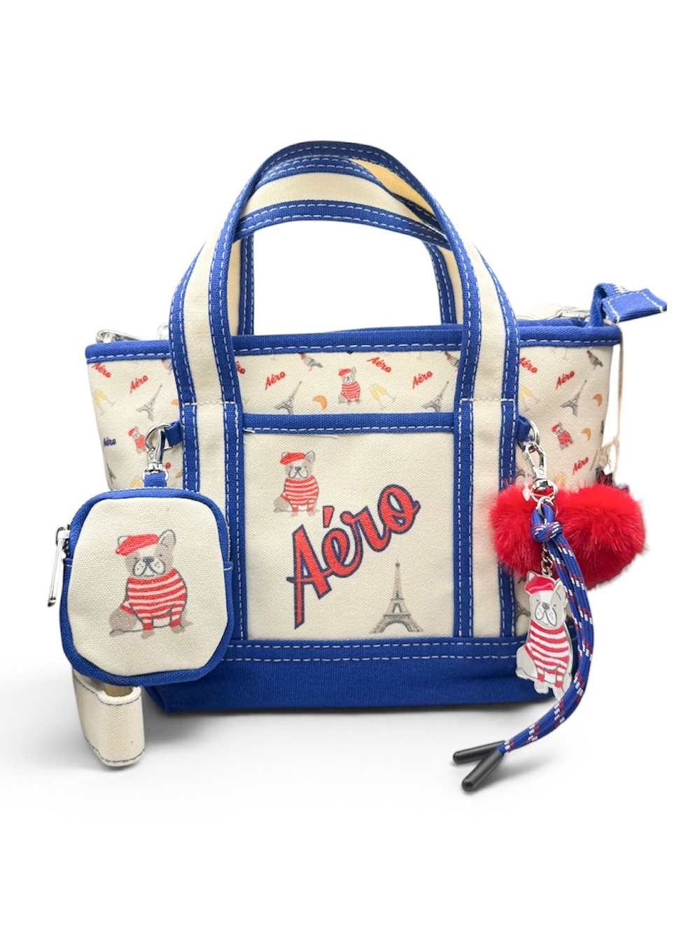Aeropostale Paris Frenchie Mini Canvas Tote Crossbody Bag Charm Set NWT